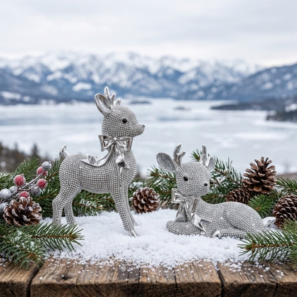Reindeer Gift Set - Two silver rhinestone reindeer figurines, one standing and one lying down, decorated with bows and set on a snowy wooden surface with pine branches, pinecones, and a blurred mountain and frozen lake background.