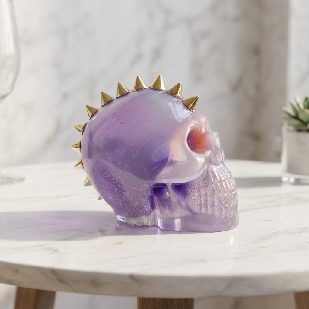 Studded Gothic Skull -  Side view of a  purple skull-shaped figurine with silver spiked detailing around the top, displayed on a white marble table.