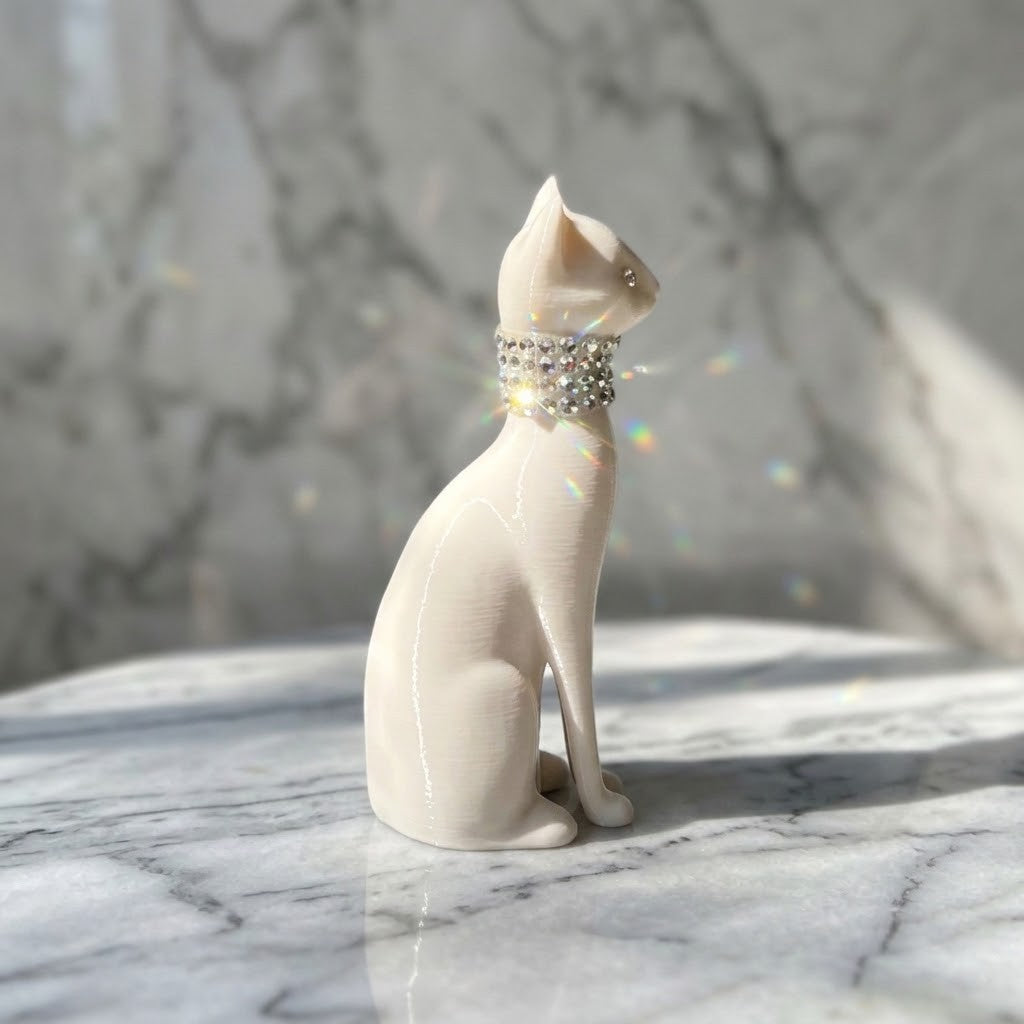 3D Printed Cat Figurine - Side view of a white cat figurine sitting on a white marble surface with a matching marble background, wearing a rhinestone-studded collar.