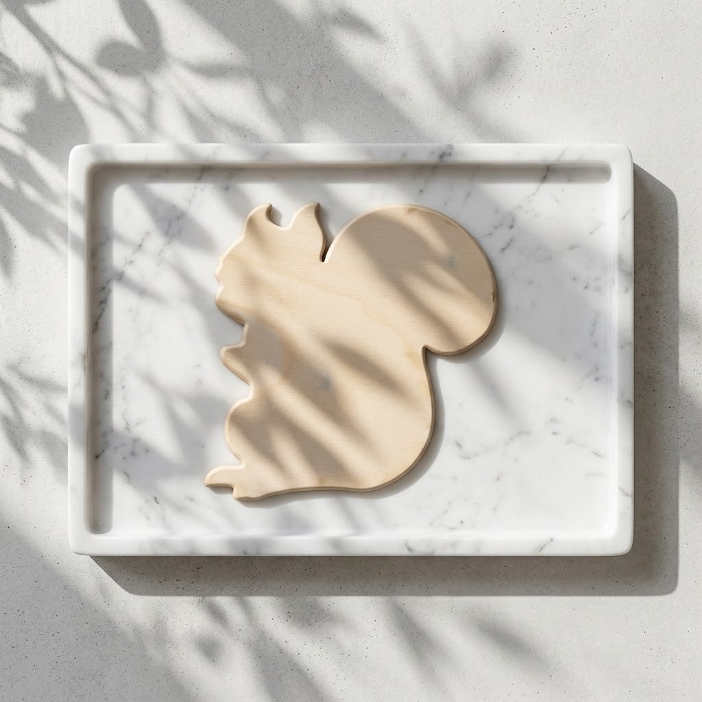 Wooden Squirrel Ornament - Back of a light beige wooden squirrel, resting on a white marble rectangular tray with leaf shadows cast across it.