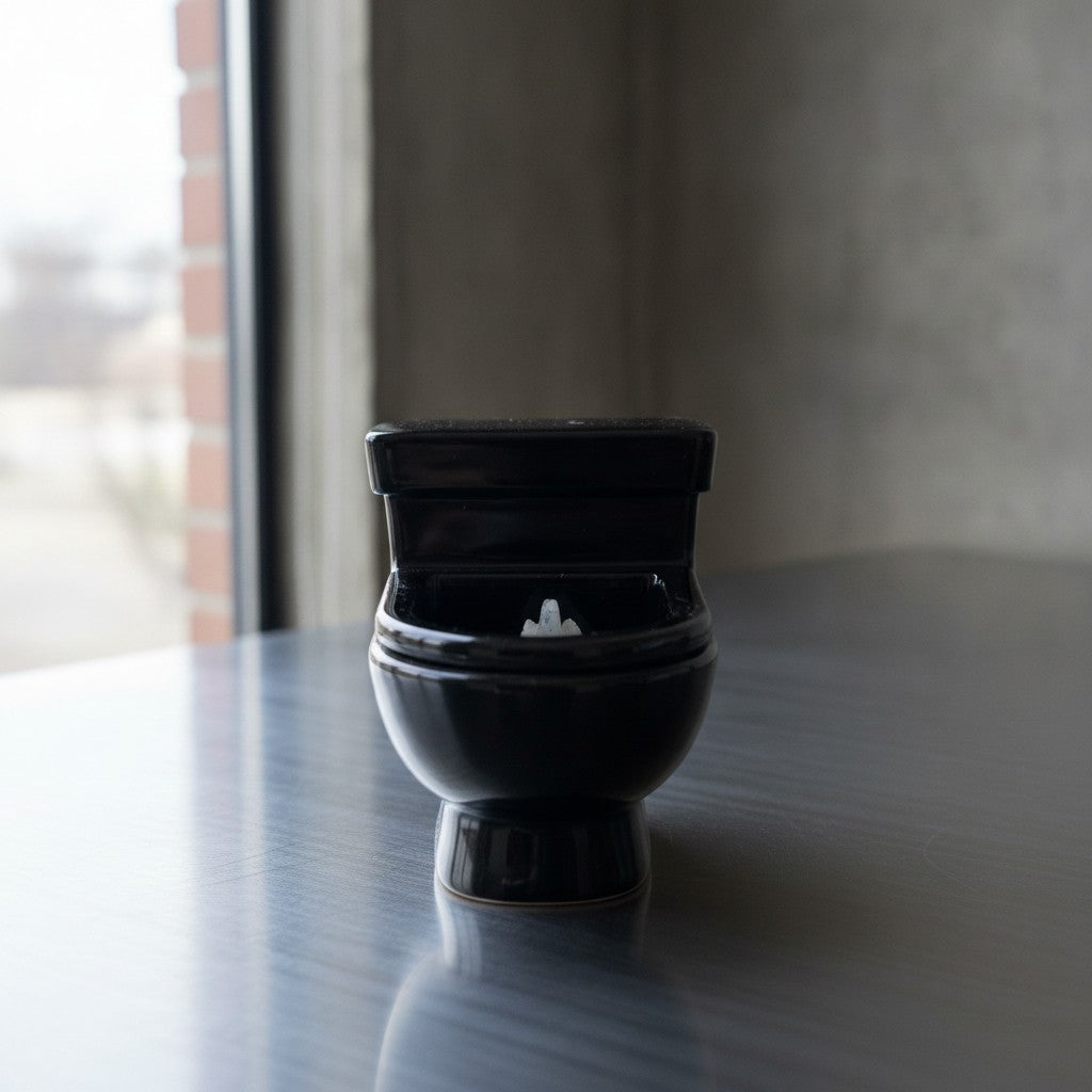 Novelty Toilet Ornaments - A miniature black resin toilet figurine with a small white finger pointing upwards in the pan, sitting on a silver brushed worktop
