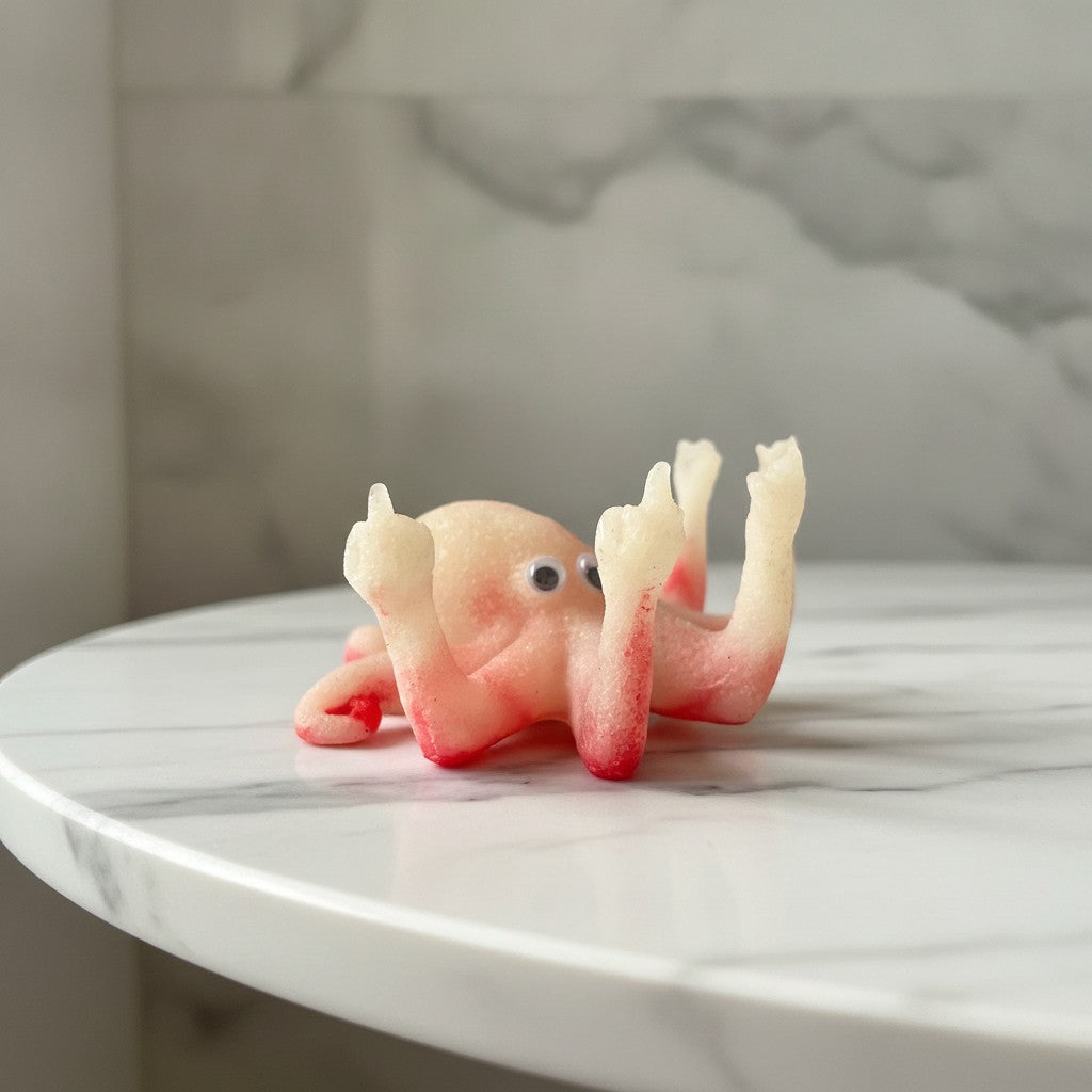 Novelty octopus figurine side view, with pale white skin and red staining and googly eyes, posed with arms and a middle finger pointing upwards, on a white marble table against a marble wall.
