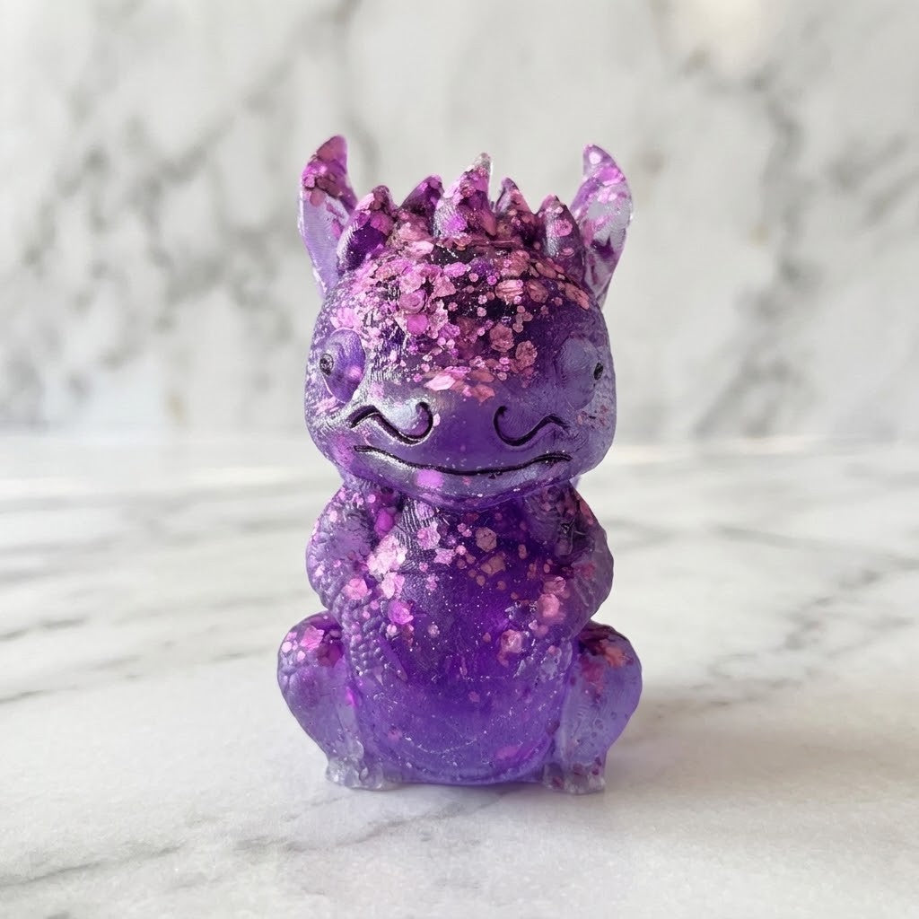 Baby Dragon Figurines - A small purple glittery dragon figurine sitting on a white marble surface with a blurred white marble background.