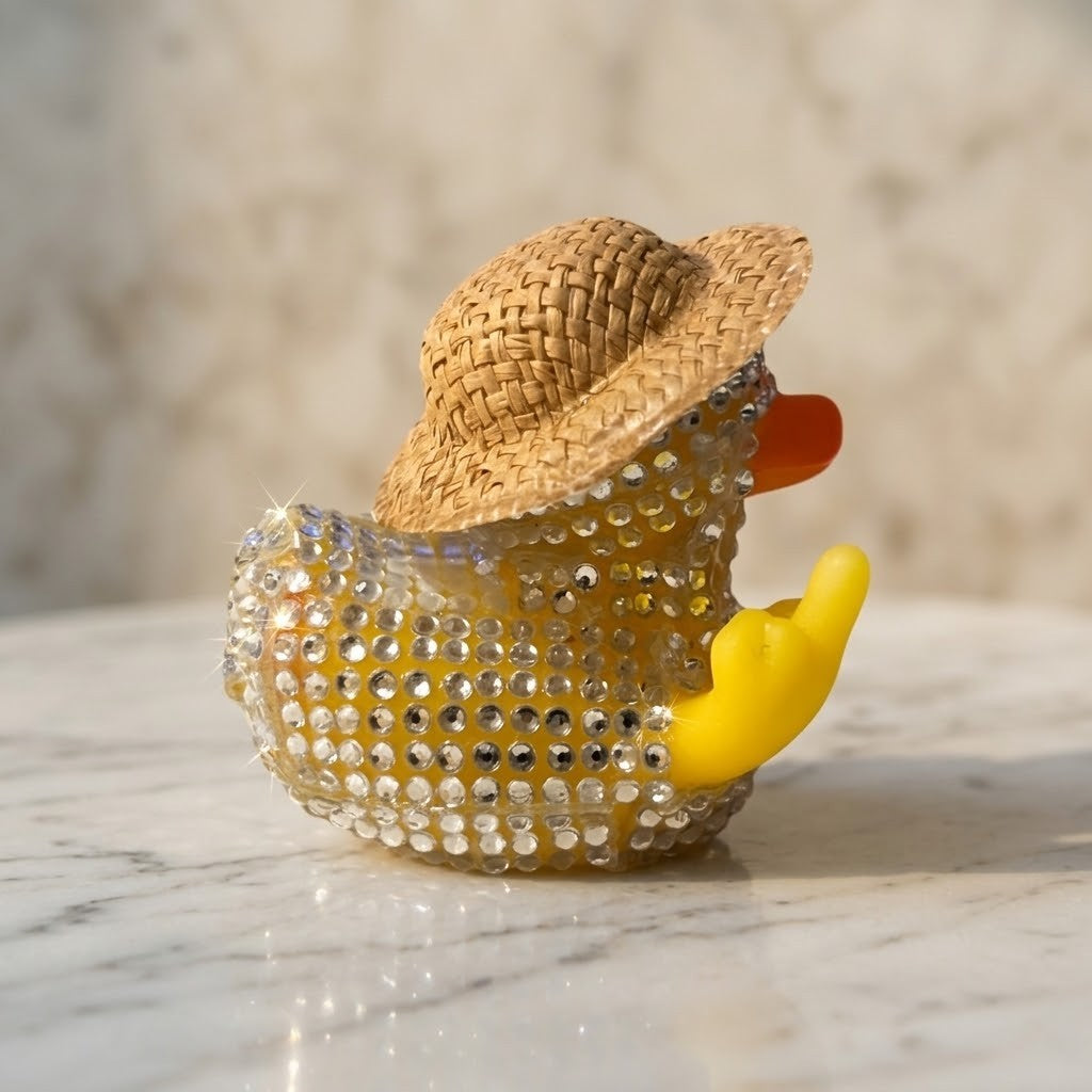 Diamante Duck Figurine - Side view of a yellow rubber duck figurine covered in clear rhinestones, wearing a woven straw hat, sitting on a white marble surface with a soft beige background.