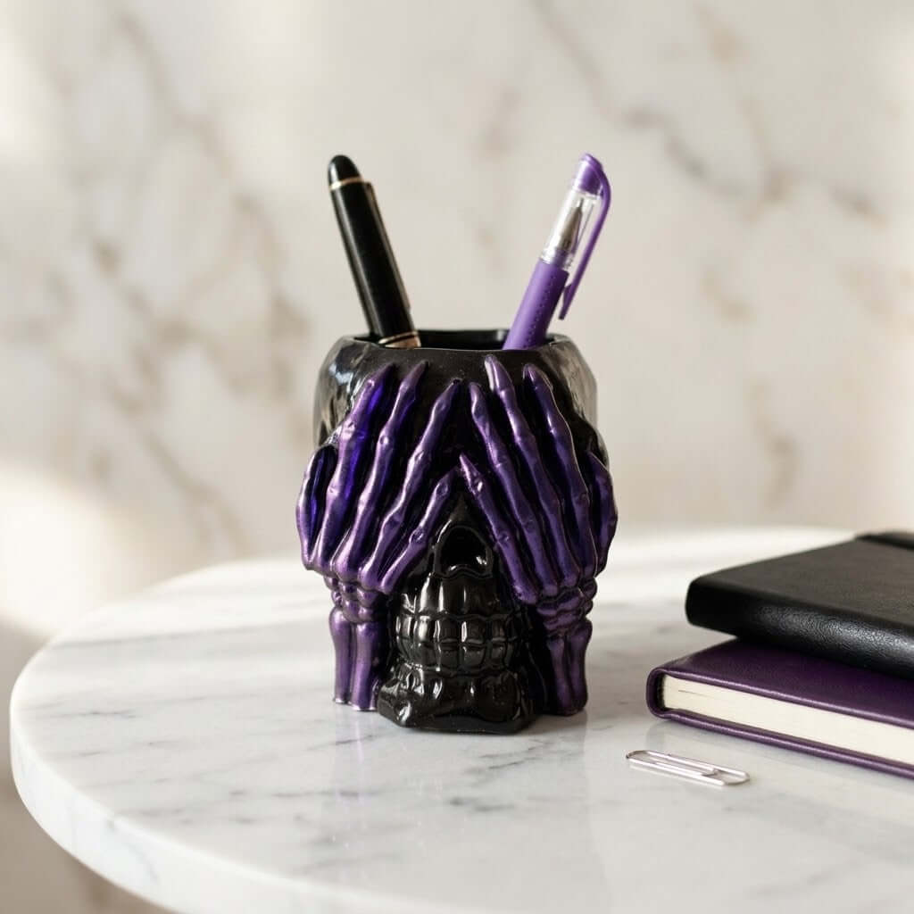 Resin Skull Pots - A black and purple ceramic skull pen holder with skeletal hands covering its face, holding two pens, styled on a white marble table next to notebooks.