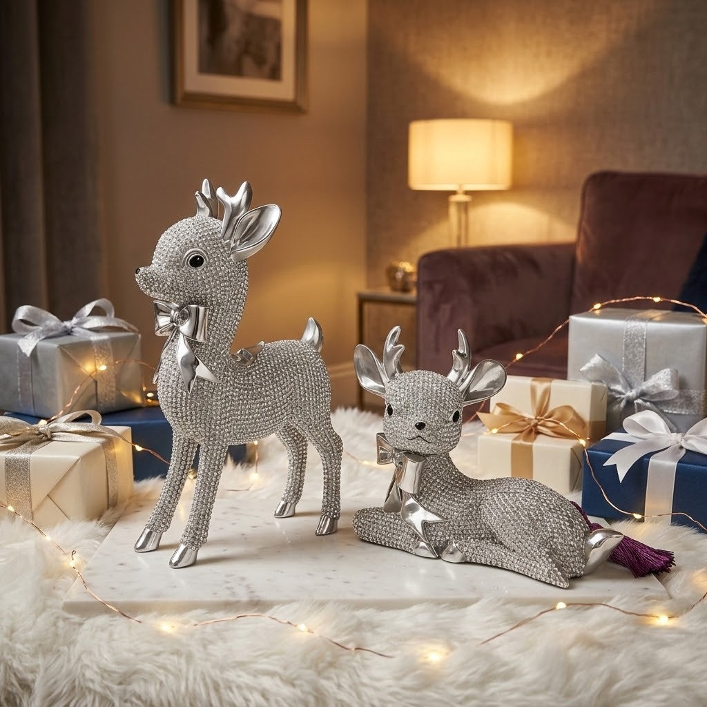 Reindeer Gift Set - Two silver rhinestone-decorated deer figurines, one standing and one lying down, styled on a white faux fur rug with Christmas gift boxes and warm fairy lights in a cozy living room setting.