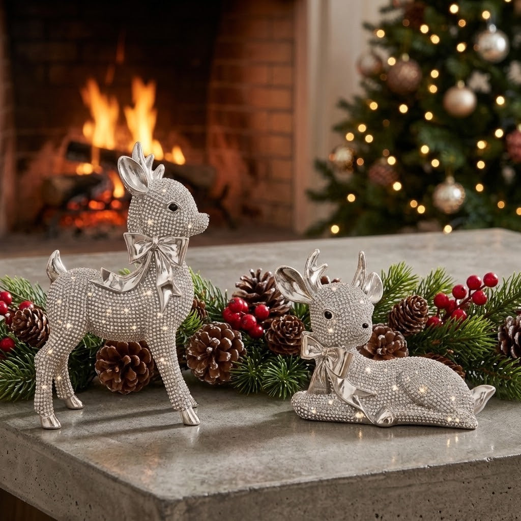 Reindeer Gift Set - Two silver rhinestone reindeer Christmas figurines, one standing and one lying down, displayed on a stone ledge in front of a cosy fireplace and a decorated Christmas tree.