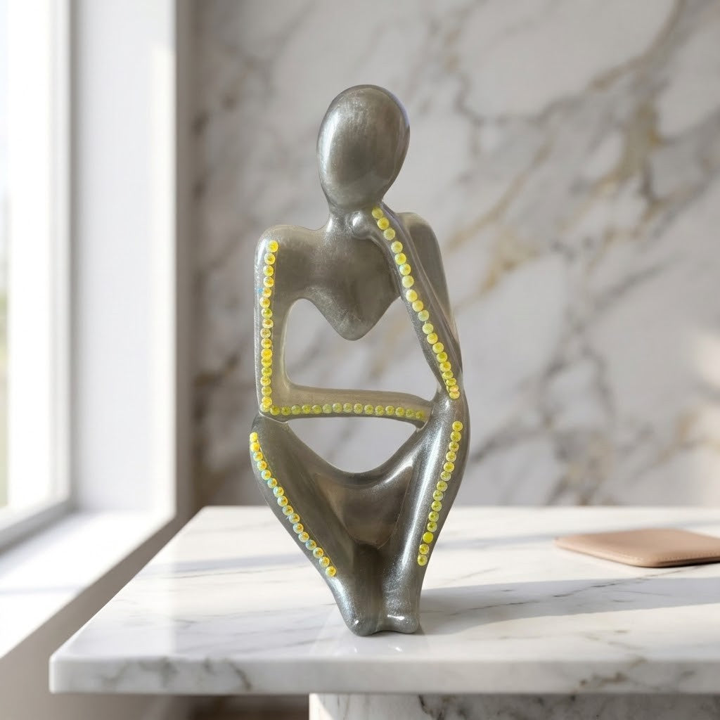 Nordic Resin Thinker Figurine Statue Ornaments - A modern abstract sculpture of a seated female figure in metallic silver, decorated with rows of small yellow beads along the arms, legs, and back, displayed on a white marble table against a marble wall background.