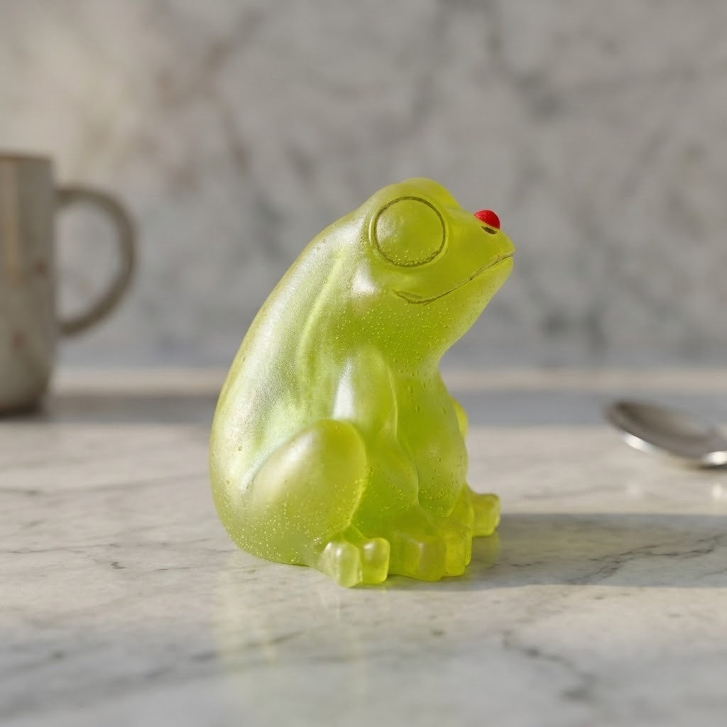 Novelty Frog Figurine - Right side view of a translucent lime green frog figurine with a small red fingertip pointing upwards, sitting on a white marble surface with a blurred kitchen background.