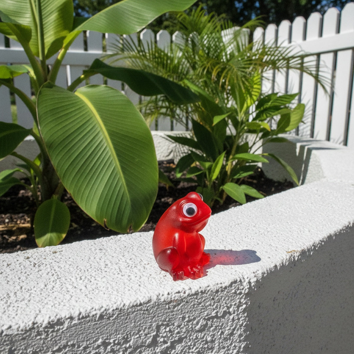 A small translucent red frog figurine with large cartoon googly eyes sits on a white concrete ledge in a garden setting with green plants and a white picket fence in the background.