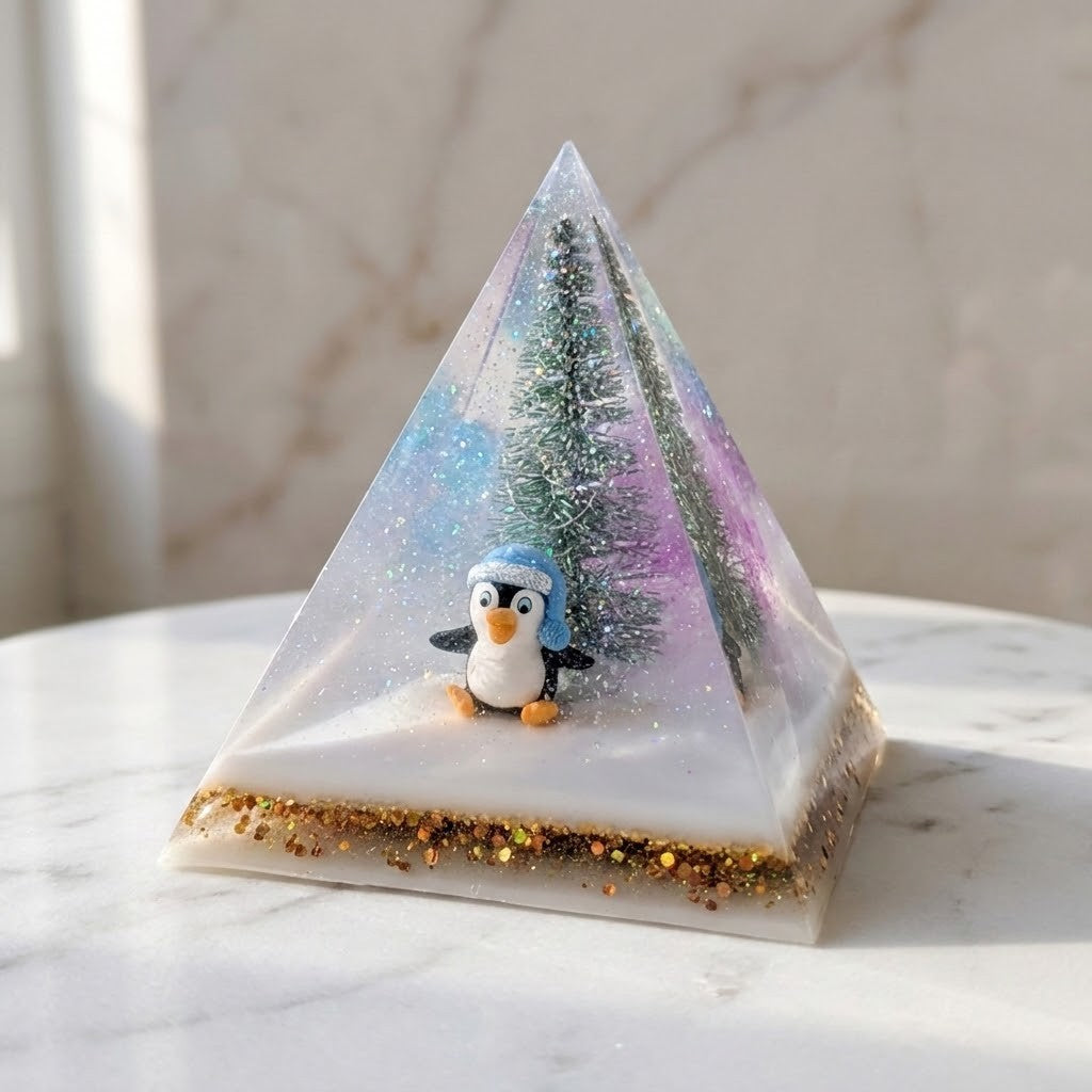 Christmas Tree Pyramid Lamp - A clear resin pyramid ornament filled with glitter, a small penguin figure, and a miniature tree, displayed on a white marble surface.