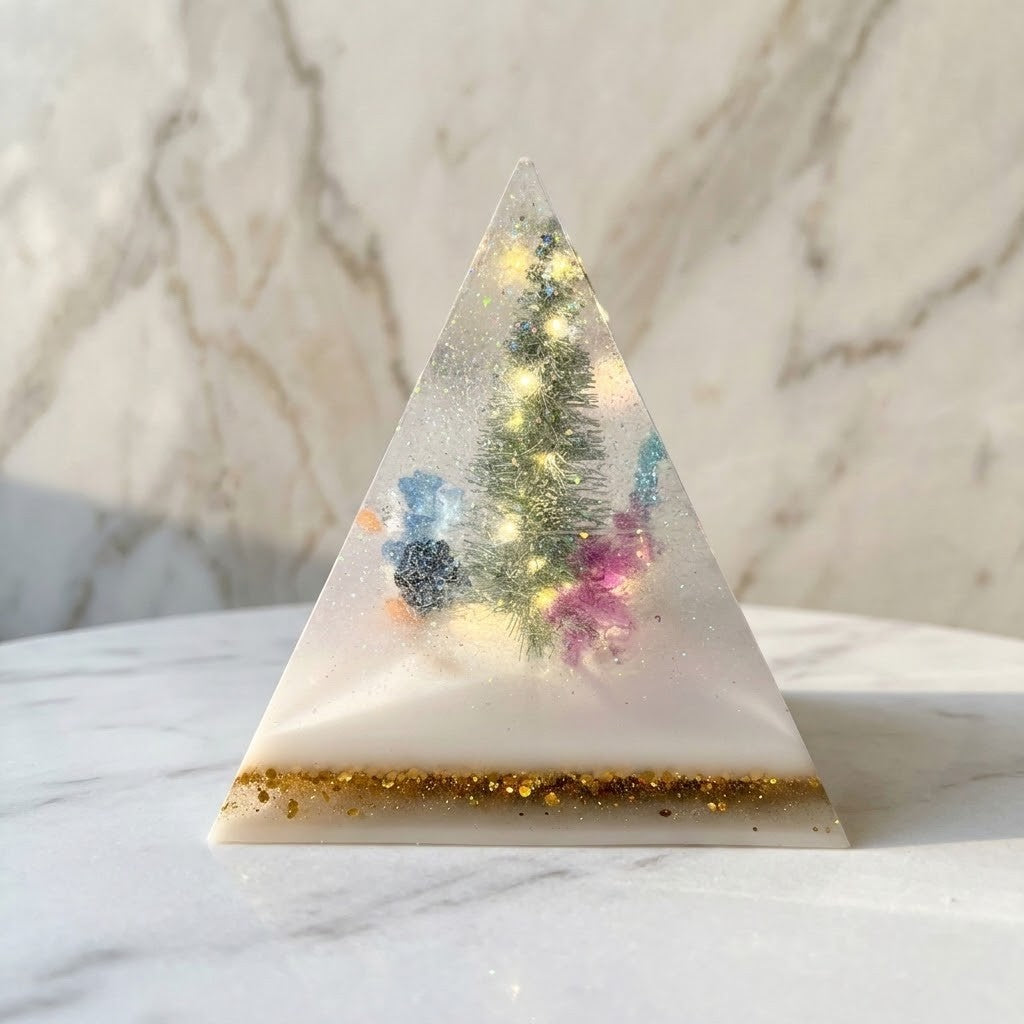 Christmas Tree Pyramid Lamp - A triangular resin decorative object with a white base, gold glitter band, and a clear upper section containing a miniature Christmas tree, colourful  objects, and warm fairy lights, displayed on a white marble surface