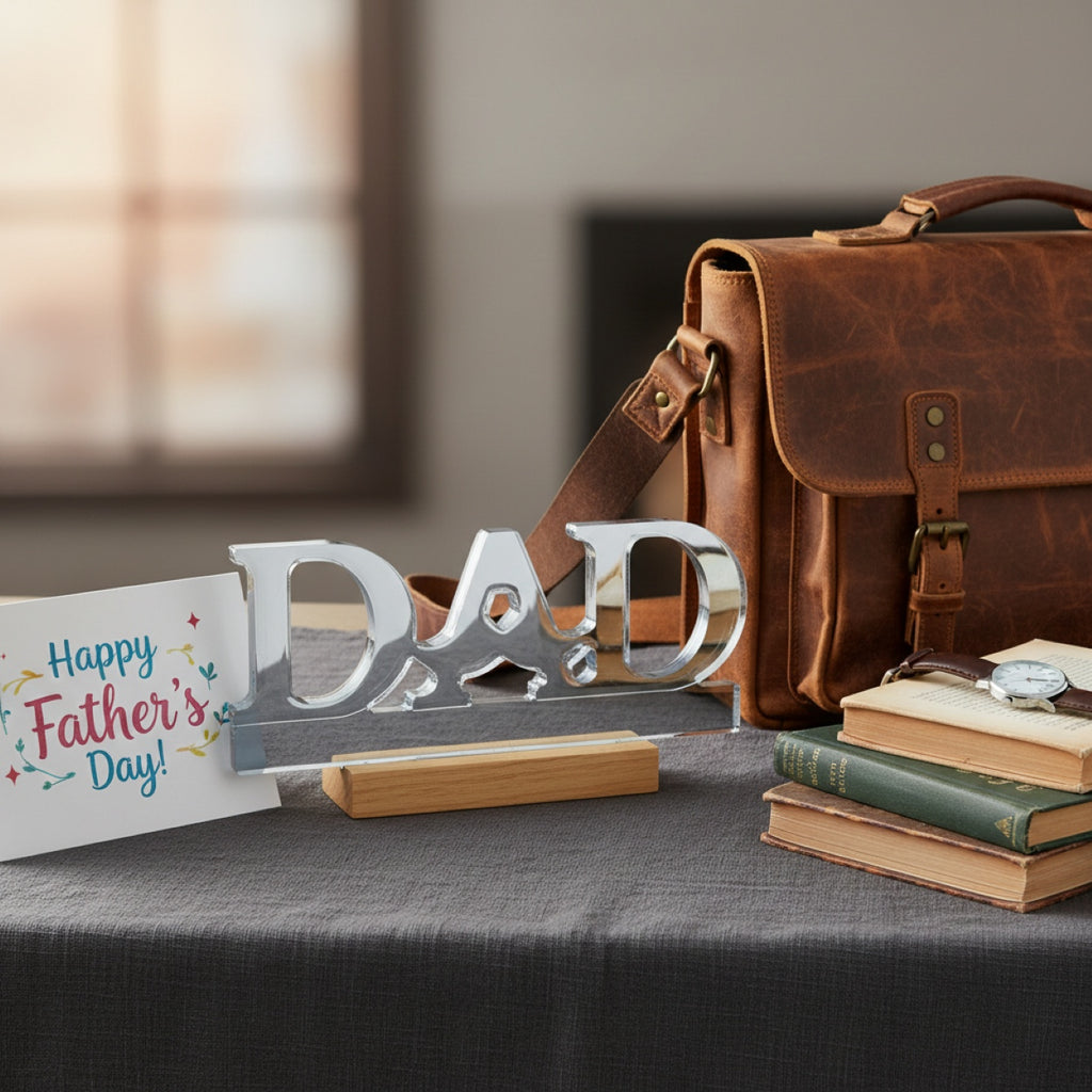 Decorative 'DAD' sign with a leather bag, books, and Father's Day card on a table.