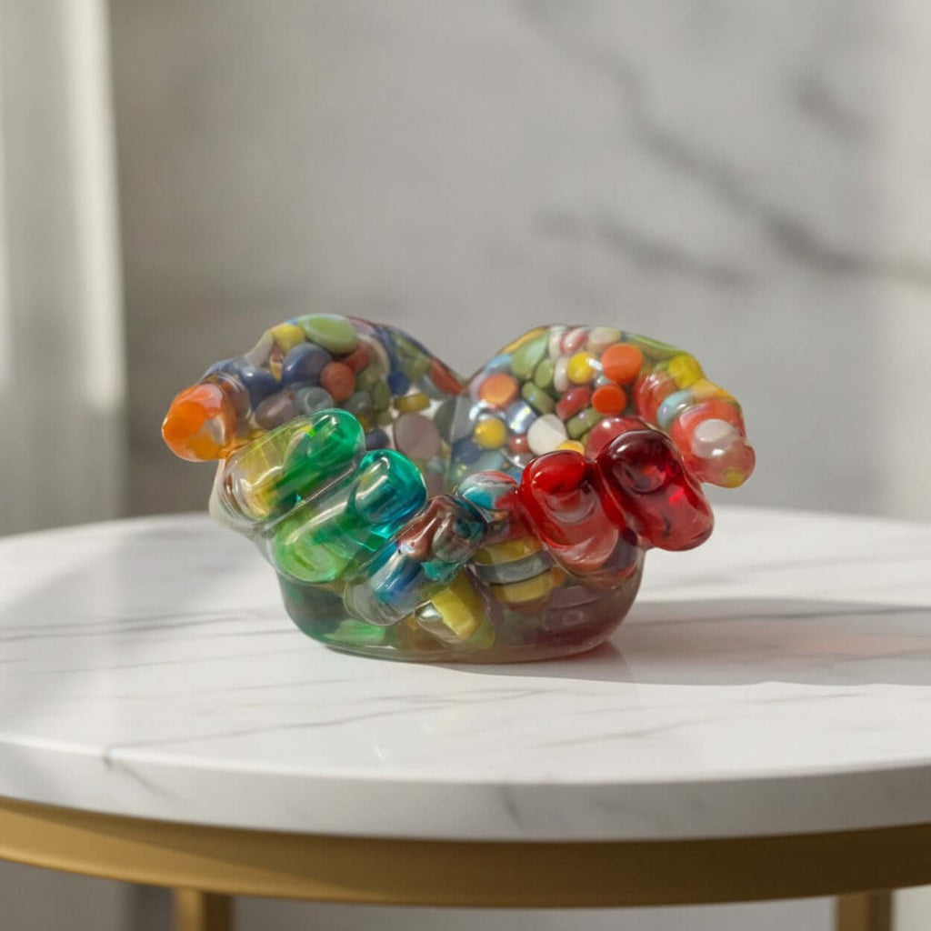 Colorful resin hands sculpture on a marble surface with a neutral background