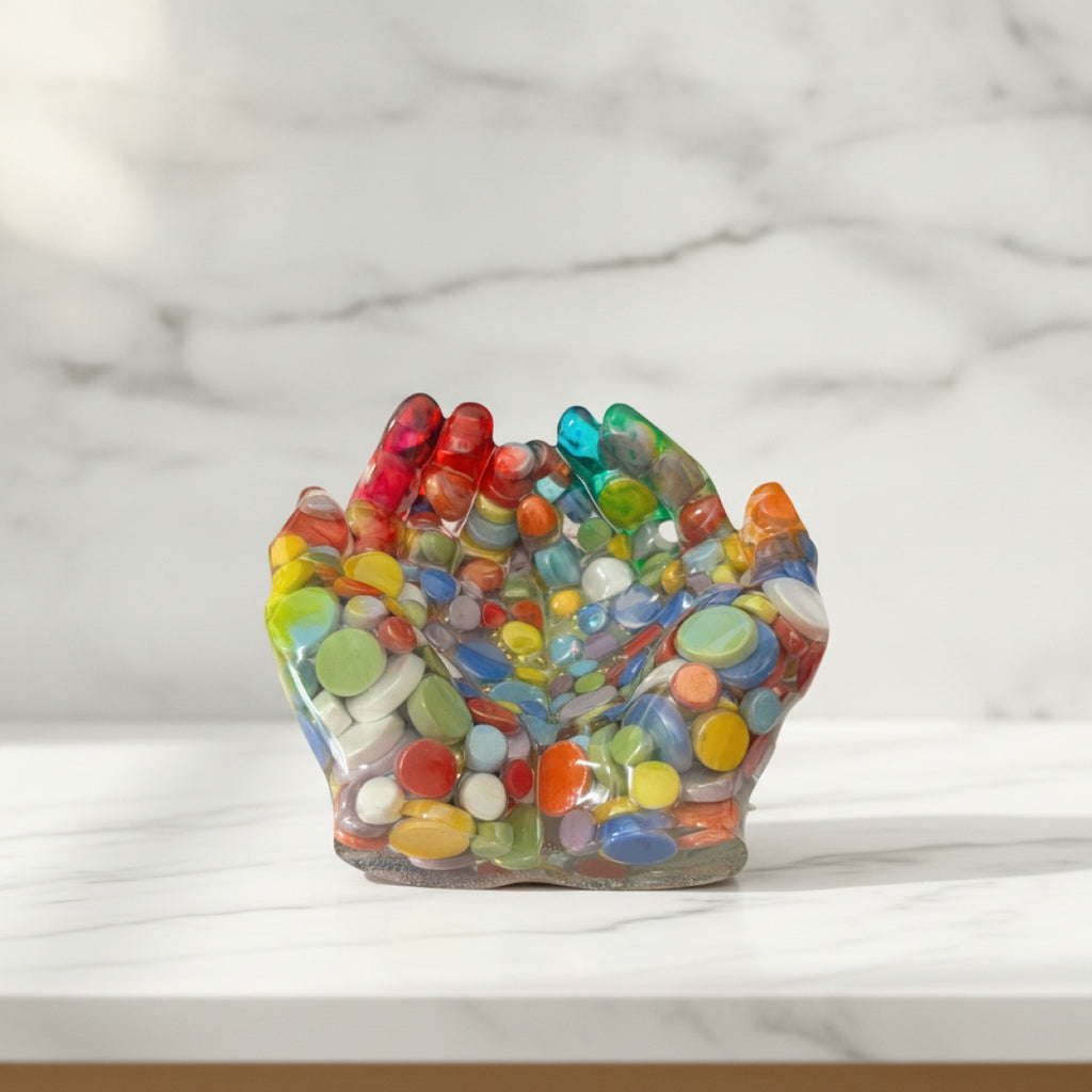 Colorful resin hands with multicolored stones on a marble surface