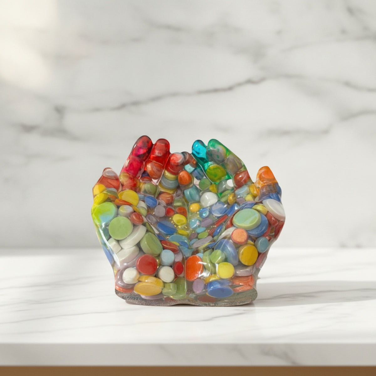 Colorful resin hands with multicolored stones on a marble surface
