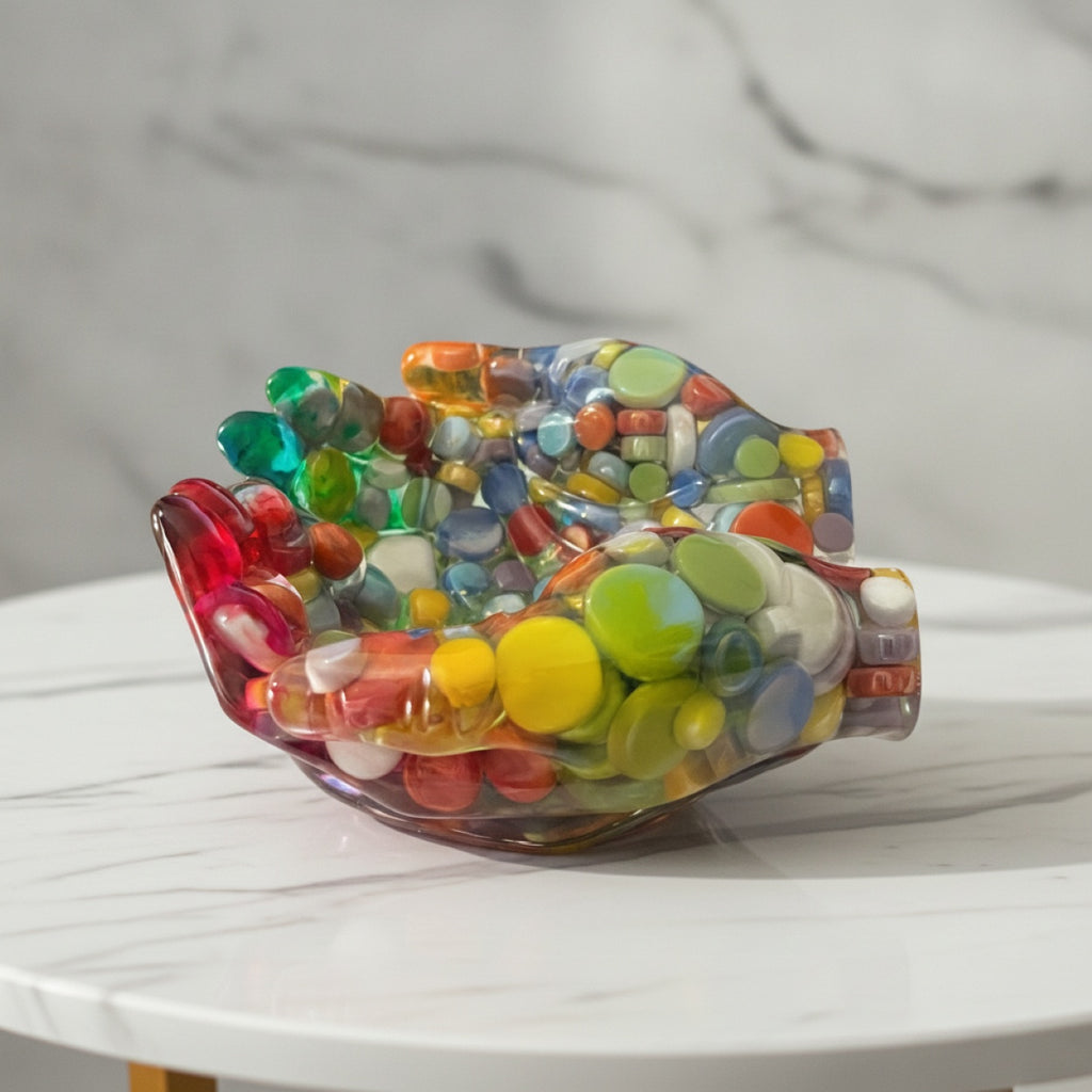 Colorful resin hands sculpture, side view on a white surface