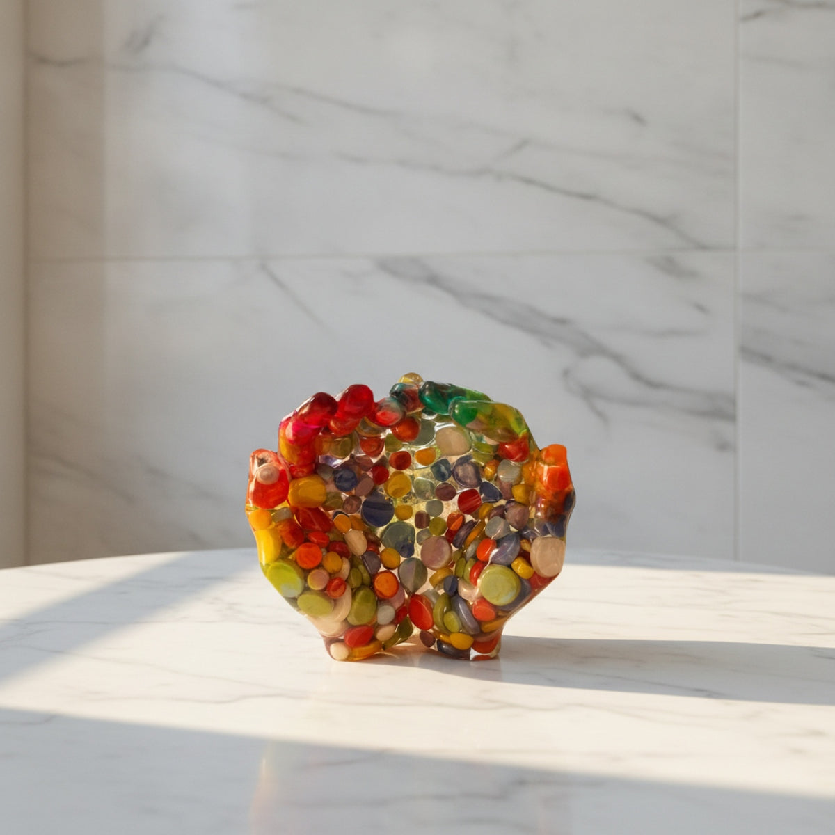 Colorful mosaic resin sculpture on a marble surface