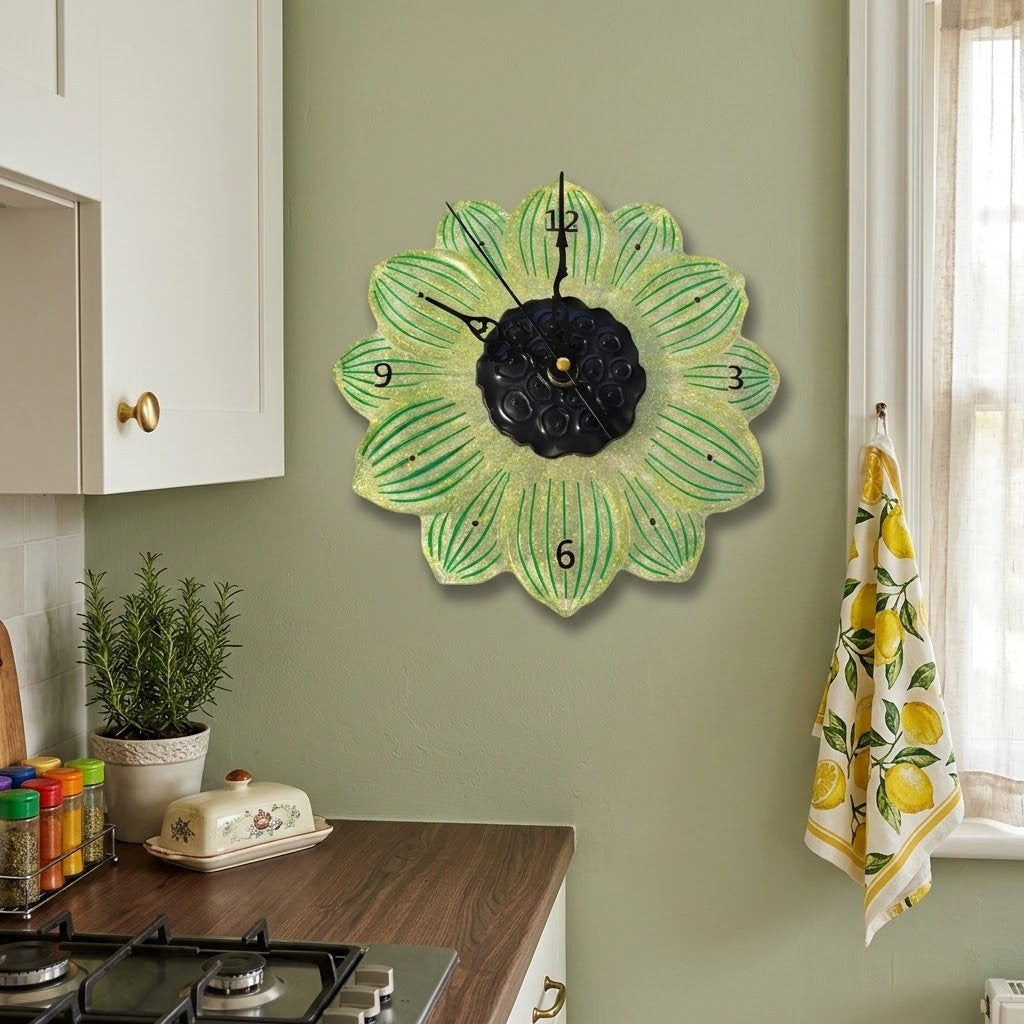 Flower Shaped Clock - A decorative wall clock shaped like a sunflower hangs on a sage green kitchen wall above a wooden countertop. The clock has textured green and yellow petals, a black centre, and black hands.
