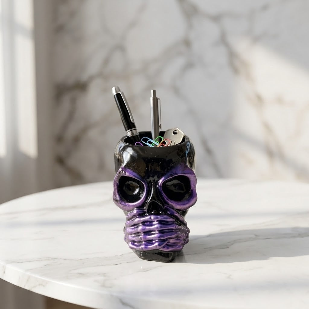 Resin Skull Pots - A skull-shaped desk organizer pen holder with a glossy black finish and purple painted details on the eye sockets and jaw, sitting on a white marble table against a marble wall background.