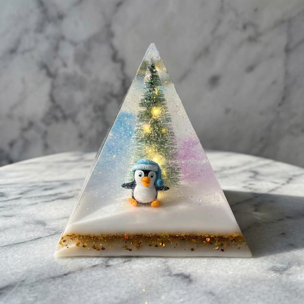 Christmas Tree Pyramid Lamp - A triangular resin pyramid sits on a white marble surface against a grey marble background. The clear resin contains a small penguin figure wearing a blue hat and scarf, a miniature Christmas tree, and warm yellow lights, with gold glitter concentrated along the base.