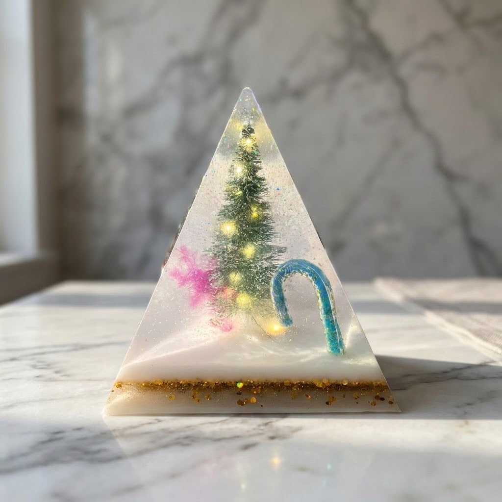 Christmas Tree Pyramid Lamp - A triangular resin crystal tower featuring a miniature Christmas tree with warm yellow lights, a blue candy cane, and pink glitter accents, set on a white marble surface with a marble wall background.
